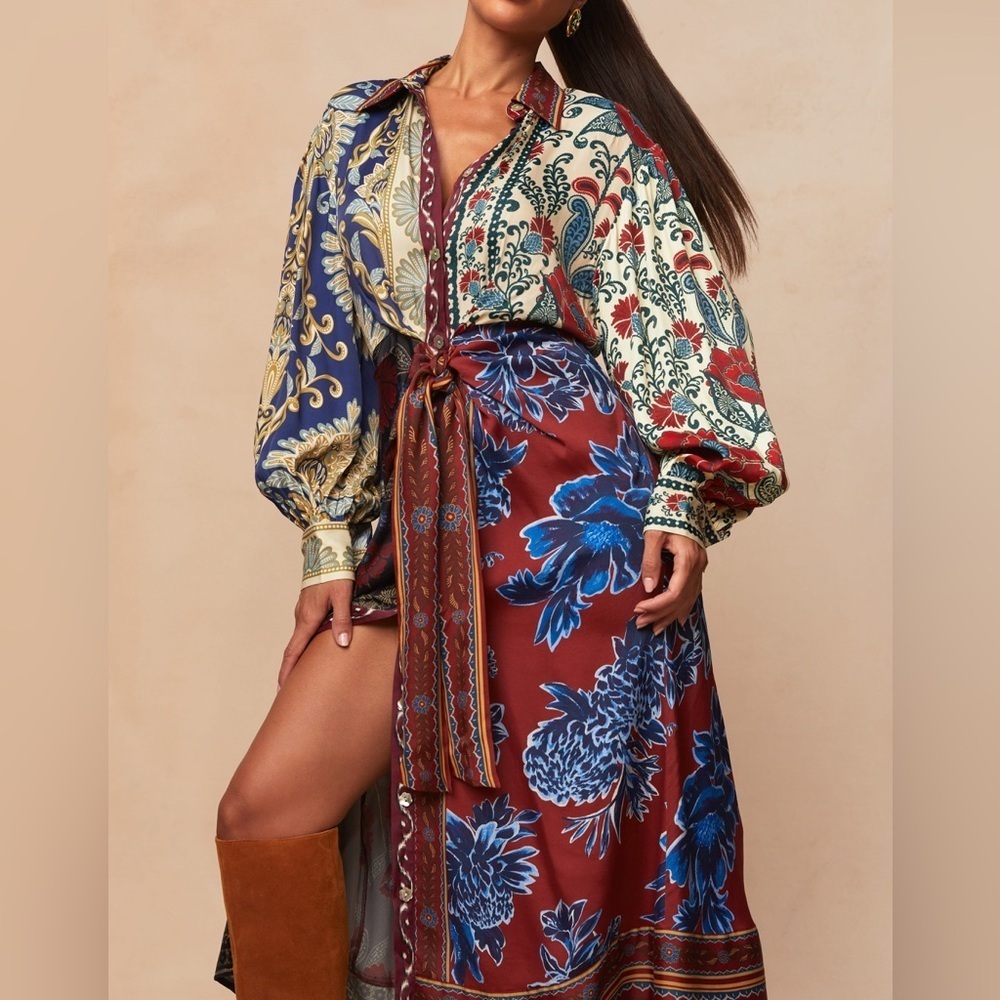 Farm Rio Miranda Mix Chemise Button Front Midi Dress Size S